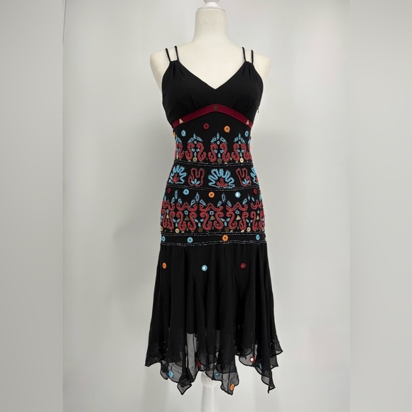 SUE WONG NOCTURNE Vintage Boho Southwest Beaded Silk Dress 6 Y2k Asymmetrical - Picture 13 of 13